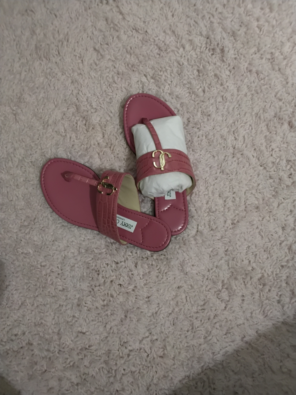 Jimmy Choo Rose Pink Leather Slip-On Sandals with Gold Hardware